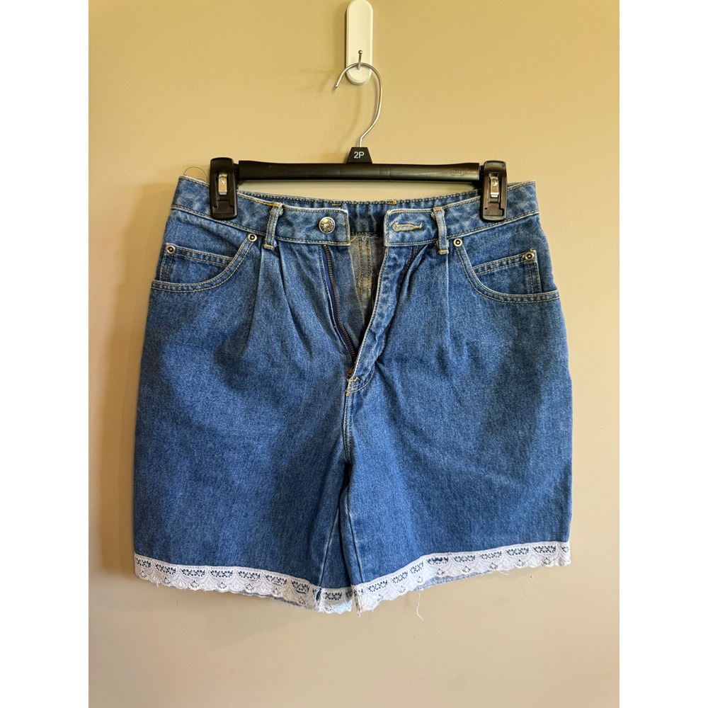 Vintage Blue Denim Shorts Women's Lace Trim High Waisted Mom Shorts Retro